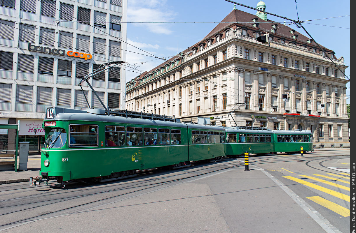 BVB Gelenkmotorwagen Be 4/6 ‹Düwag› 637, Linie 14, Aeschenplatz, Basel
