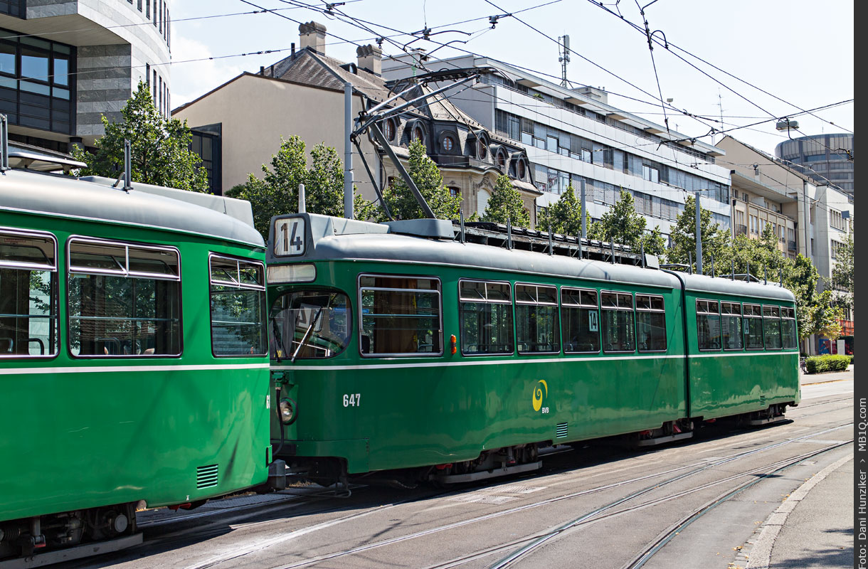 BVB Gelenkmotorwagen Be 4/6 ‹Düwag› 647, Linie 14, Aeschengraben, Basel